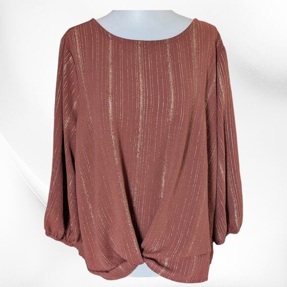 3rd & Malt XL Burnt Orange & Gold Blouse With Knot Front & Scrunched Sleeves - Picture 1 of 11